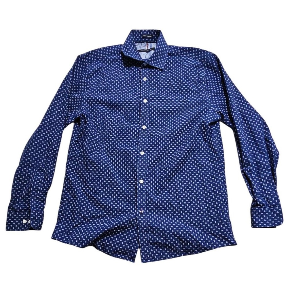Tommy Hilfiger‎ Slim Fit Non Iron Dress Shirt Blue Geometric Diamond 15.5 32/33